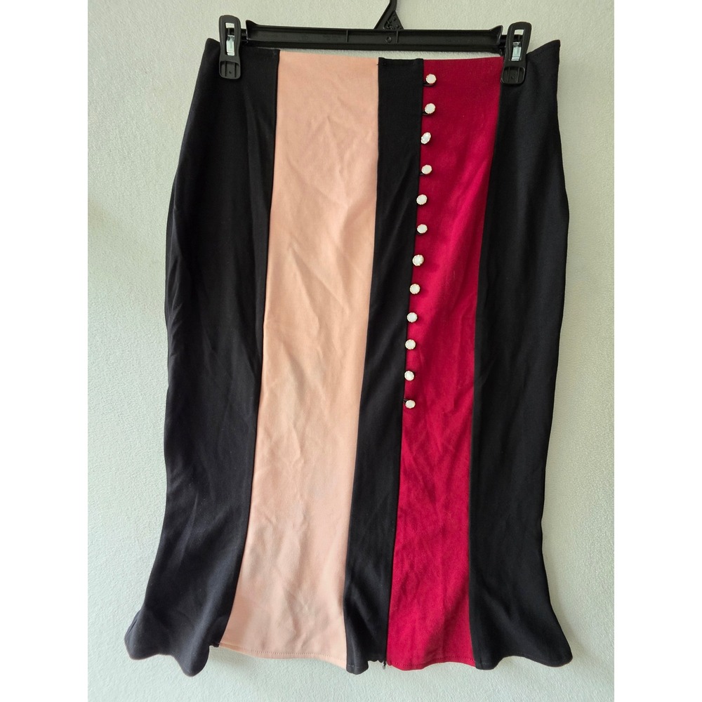 Vemage Women Colorblock Pencil Midi Skirt Black Tan Red Button Detail‎ Size 14